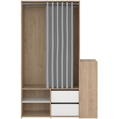 Tvillum Kimmy Offener Kleiderschrank, mit Vorhang, 2 Schubladen, Schuhschrank Walnuss Dekor, weiß, Vorhang hellgrau. Tvillum Kimmy Offener Kleiderschrank, mit Vorhang, 2 Schubladen, Schuhschrank Walnuss Dekor, weiß, Vorhang hellgrau.