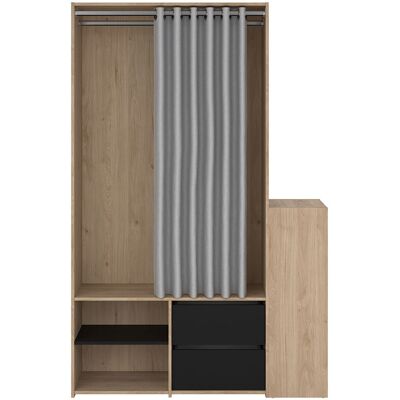 Tvillum Kimmy Offener Kleiderschrank, mit Vorhang, 2 Schubladen, Schuhschrank Walnuss Dekor, matt schwarz, Vorhang hellgrau. Tvillum Kimmy Offener Kleiderschrank, mit Vorhang, 2 Schubladen, Schuhschrank Walnuss Dekor, matt schwarz, Vorhang hellgrau.