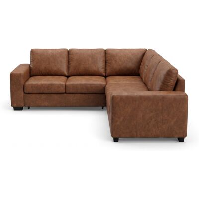 Sacramento Ecksofa aus braunem PU-Kunstleder mit verstecktem Stauraum und ausziehbarer Schlaffunktion. Sacramento Ecksofa aus braunem PU-Kunstleder mit verstecktem Stauraum und ausziehbarer Schlaffunktion.