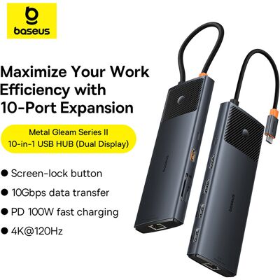 Baseus Metal Gleam II 10-in-1 USB-HUB Dual Display Schwarz (USB-C auf 2*HDMI 4K) Baseus Metal Gleam II 10-in-1 USB-HUB Dual Display Schwarz (USB-C auf 2*HDMI 4K)