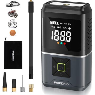 WORKPRO Elektrische Luftpumpe 150 PSI (10,3 bar), Akku-Luftkompressor 7,2 V 2500 mAh, Kabellose tragbare Reifenpumpe mit Digitalanzeige und Notbeleuchtung für Auto, Fahrrad, Motorrad, Bälle WORKPRO Elektrische Luftpumpe 150 PSI (10,3 bar), Akku-Luftkompressor 7,2 V 2500 mAh, Kabellose tragbare Reifenpumpe mit Digitalanzeige und Notbeleuchtung für Auto, Fahrrad, Motorrad, Bälle