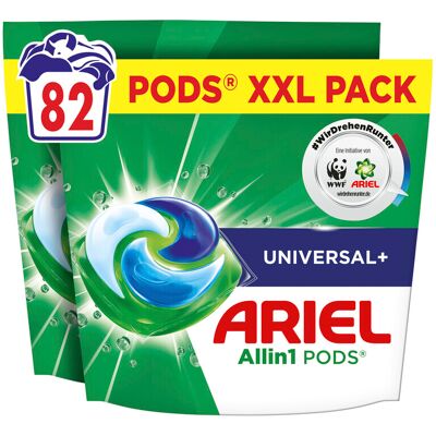 Ariel Allin1 PODS®, Flüssigwaschmittelkapseln 82 Wäschen, Universal+, Fleck-Weg-Power ab der 1. Wäsche, selbst in kaltem Wasser Ariel Allin1 PODS®, Flüssigwaschmittelkapseln 82 Wäschen, Universal+, Fleck-Weg-Power ab der 1. Wäsche, selbst in kaltem Wasser