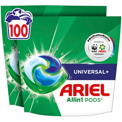Ariel Allin1 PODS®, Flüssigwaschmittelkapseln 100 Wäschen, Universal+, Fleck-Weg-Power ab der 1. Wäsche, selbst in kaltem Wasser Ariel Allin1 PODS®, Flüssigwaschmittelkapseln 100 Wäschen, Universal+, Fleck-Weg-Power ab der 1. Wäsche, selbst in kaltem Wasser