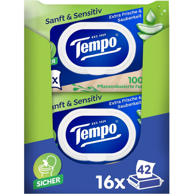 TEMPO Feuchtes Toilettenpapier Gentle Sensitive 16 Packungen mit 42 Tüchern TEMPO Feuchtes Toilettenpapier Gentle Sensitive 16 Packungen mit 42 Tüchern