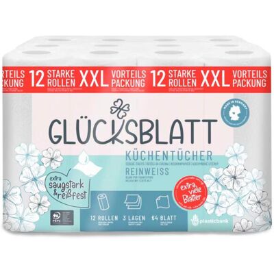 Glücksblatt Küchentücher, Weiß, 12 Rollen x 64 Blatt, 3-lagig Glücksblatt Küchentücher, Weiß, 12 Rollen x 64 Blatt, 3-lagig