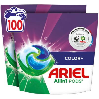 Ariel Allin1 PODS®, Flüssigwaschmittelkapseln 100 Wäschen, Color+, Fleck-Weg-Power ab der 1. Wäsche, selbst in kaltem Wasser Ariel Allin1 PODS®, Flüssigwaschmittelkapseln 100 Wäschen, Color+, Fleck-Weg-Power ab der 1. Wäsche, selbst in kaltem Wasser