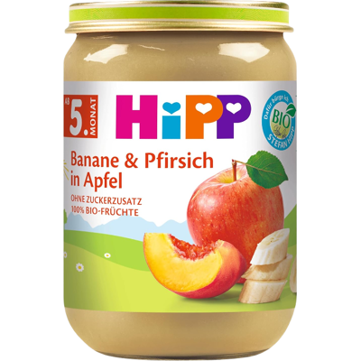 HiPP Früchte Banane und Pfirsich in Apfel ab 5. Monat 6 x 190 g HiPP Früchte Banane und Pfirsich in Apfel ab 5. Monat 6 x 190 g
