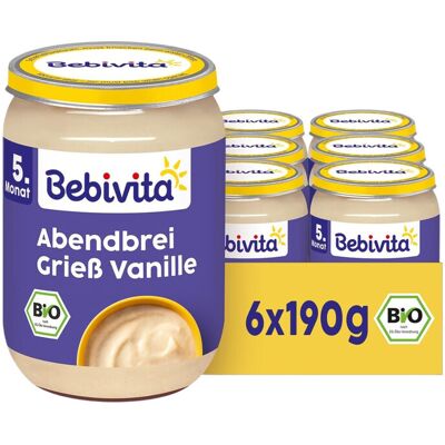 Bebivita Bio Abendbrei Grieß Vanille (6 x 190 g), ab 5. Monat, ohne Zuckerzusatz, gut sättigend, 100% Bio-Qualität Bebivita Bio Abendbrei Grieß Vanille (6 x 190 g), ab 5. Monat, ohne Zuckerzusatz, gut sättigend, 100% Bio-Qualität