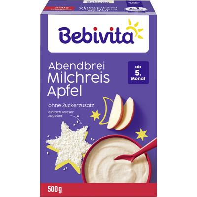 BEBIVITA – Abendbrei Milchreis mit Apfel ab 5. Monat – 500g – Ergänzungsnahrung – Ohne Zuckerzusatz – Reich an Vitaminen & Mineralstoffen BEBIVITA – Abendbrei Milchreis mit Apfel ab 5. Monat – 500g – Ergänzungsnahrung – Ohne Zuckerzusatz – Reich an Vitaminen & Mineralstoffen