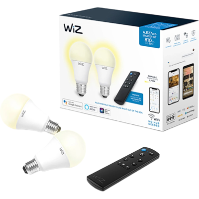 WiZ Smart Starter-Set Warmweiß 2 LED-Leuchtmittel & Fernbedienung A60 E27 WiZ Smart Starter-Set Warmweiß 2 LED-Leuchtmittel & Fernbedienung A60 E27