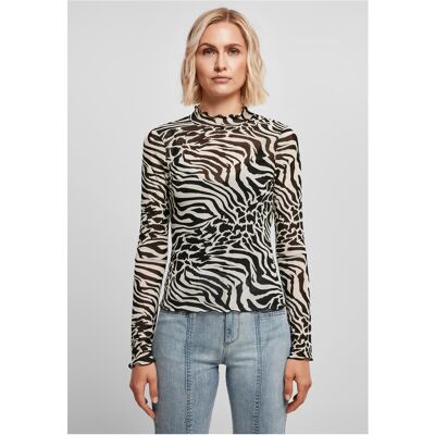 Urban Classics Damen Longsleeve aus Mesh mit Rollkragen, AOP, weiß/schwarz, XS Urban Classics Damen Longsleeve aus Mesh mit Rollkragen, AOP, weiß/schwarz, XS