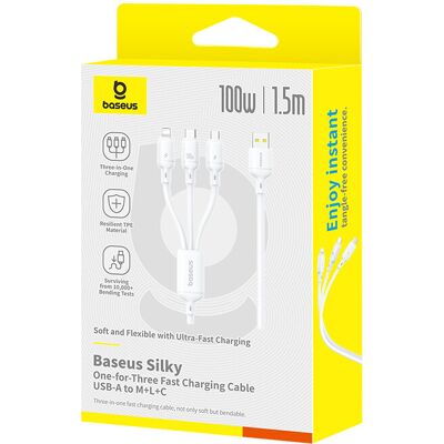 Baseus silky ein-für-drei Schnellladekabel USB-A zu M+L+C 100W 1,5 m Mondweiß Baseus silky ein-für-drei Schnellladekabel USB-A zu M+L+C 100W 1,5 m Mondweiß