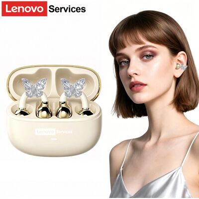 Lenovo Services Lenovo LE302 kabellose Kopfhörer in Beige + Kopfhörer-Zubehör – Silber mit zwei Schmetterlingen Lenovo Services Lenovo LE302 kabellose Kopfhörer in Beige + Kopfhörer-Zubehör – Silber mit zwei Schmetterlingen