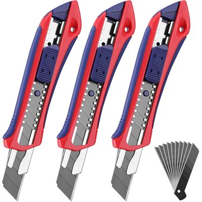 WORKPRO Satz von 3 Cuttern mit 18 mm Klingen und 10 Ersatzklingen aus SK5, professioneller Cutter mit Gummigriff, abbrechbare Klinge, Kartonmesser, Mehrzweckmesser, zum Schneiden von Papier WORKPRO Satz von 3 Cuttern mit 18 mm Klingen und 10 Ersatzklingen aus SK5, professioneller Cutter mit Gummigriff, abbrechbare Klinge, Kartonmesser, Mehrzweckmesser, zum Schneiden von Papier