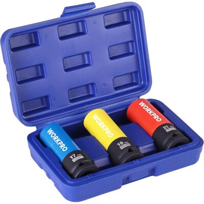 WORKPRO 1/2" Antrieb Nuss-Schlagsockel-Set, 3-teilig 17 mm 19 mm 21 mm Dünne Wand Metrisches Schutzrad, Aufbewahrungsbox, Cr-Mo Stahl WORKPRO 1/2" Antrieb Nuss-Schlagsockel-Set, 3-teilig 17 mm 19 mm 21 mm Dünne Wand Metrisches Schutzrad, Aufbewahrungsbox, Cr-Mo Stahl
