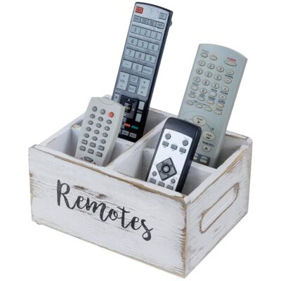 MyGift Weißgewaschener Holz-Fernbedienungshalter Organizer mit 4 Fächern, Medienaufbewahrung Caddy mit Kursive REMOTES Design MyGift Weißgewaschener Holz-Fernbedienungshalter Organizer mit 4 Fächern, Medienaufbewahrung Caddy mit Kursive REMOTES Design