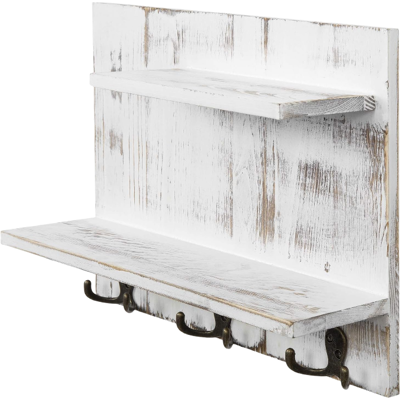 MyGift 2-stufiges Wandregal Shabby Weiß gewaschen Massivholz Badezimmerregal, dekoratives Flur-Schweberegal mit 6 Haken zum Aufhängen von Handtüchern MyGift 2-stufiges Wandregal Shabby Weiß gewaschen Massivholz Badezimmerregal, dekoratives Flur-Schweberegal mit 6 Haken zum Aufhängen von Handtüchern