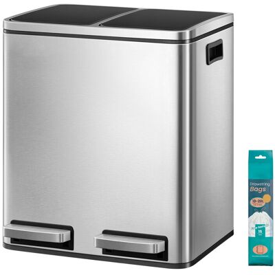 Ochama Doppelpedal-Mülleimer, 2 x 15 L Recyclingbehälter mit sanftem Schließmechanismus, Stahl, für die Küche, Innenbehälter, Silber und Schwarz Ochama Doppelpedal-Mülleimer, 2 x 15 L Recyclingbehälter mit sanftem Schließmechanismus, Stahl, für die Küche, Innenbehälter, Silber und Schwarz