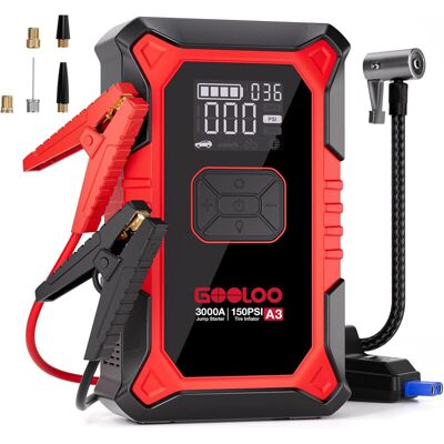GOOLOO 【59 nach Rabattaktion】(GOOLOO10) A3 Starthilfe-Powerbank mit Kompressor, 3000 A, 150 PSI Spitzendruck für 12-V-Fahrzeuge (bis zu 9,0 l Benzin/6,5 l Diesel), Digital- und LED-Anzeige GOOLOO 【59 nach Rabattaktion】(GOOLOO10) A3 Starthilfe-Powerbank mit Kompressor, 3000 A, 150 PSI Spitzendruck für 12-V-Fahrzeuge (bis zu 9,0 l Benzin/6,5 l Diesel), Digital- und LED-Anzeige
