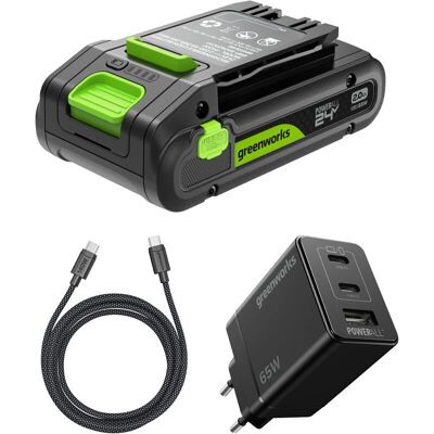 Greenworks 24 V Starter-Kit 1x 2 Ah HP USB-Akku + 65 W Ladegerät + 100 W 1 m Kabel Greenworks 24 V Starter-Kit 1x 2 Ah HP USB-Akku + 65 W Ladegerät + 100 W 1 m Kabel
