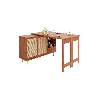 OKWISH Stehtisch Bar Tisch Braun 187x40x76 cm drehbar und erweiterbar mit Rattantür Stauraum Schublade offenem Regal goldenen Metallbeinen OKWISH Stehtisch Bar Tisch Braun 187x40x76 cm drehbar und erweiterbar mit Rattantür Stauraum Schublade offenem Regal goldenen Metallbeinen