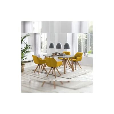 SalesFever Essgruppe 5-tlg. 180 x 90 cm Tischplatte grau + Gestell Eiche 4x Stuhl Textil gelb + Beine Eiche SalesFever Essgruppe 5-tlg. 180 x 90 cm Tischplatte grau + Gestell Eiche 4x Stuhl Textil gelb + Beine Eiche