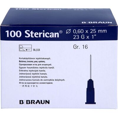 1001 Artikel Medical GmbH STERICAN Kanülen Luer-Lok 0,60x25 mm Gr.16 blau 100 St. 1001 Artikel Medical GmbH STERICAN Kanülen Luer-Lok 0,60x25 mm Gr.16 blau 100 St.