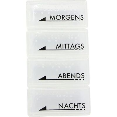 Dr. Junghans Medical GmbH TABLETTENDOSE mo/mi/ab/na m.Blindenschr.weiß tran. 1 St. Dr. Junghans Medical GmbH TABLETTENDOSE mo/mi/ab/na m.Blindenschr.weiß tran. 1 St.