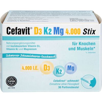 Cefak KG CEFAVIT D3 K2 Mg 4.000 I.E. Stix Granulat 36 St. (93,7 g) Cefak KG CEFAVIT D3 K2 Mg 4.000 I.E. Stix Granulat 36 St. (93,7 g)