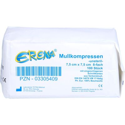 ERENA Verbandstoffe GmbH & Co. KG ERENA Mullkompr.7,5x7,5 cm unsteril 8fach 100 St. ERENA Verbandstoffe GmbH & Co. KG ERENA Mullkompr.7,5x7,5 cm unsteril 8fach 100 St.