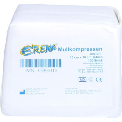 ERENA Verbandstoffe GmbH & Co. KG ERENA Mullkompr.10x10 cm unsteril 8fach 100 St. ERENA Verbandstoffe GmbH & Co. KG ERENA Mullkompr.10x10 cm unsteril 8fach 100 St.