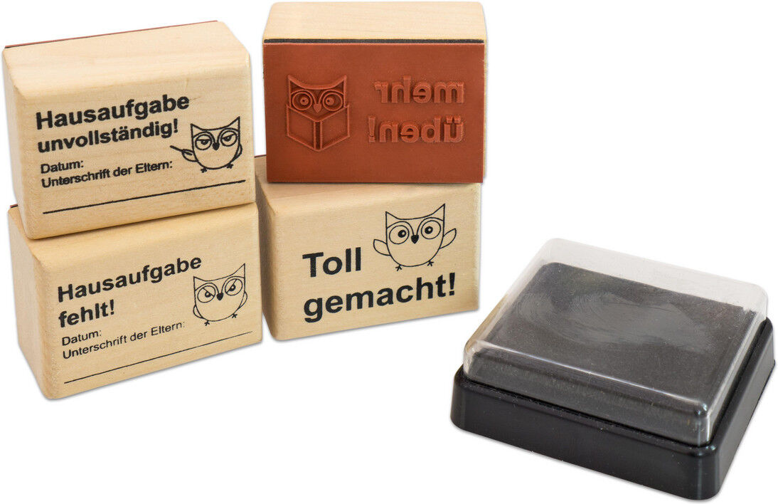 Betzold Hausaufgaben-Stempel, 4 Stück im Set, inkl. Stempelkissen