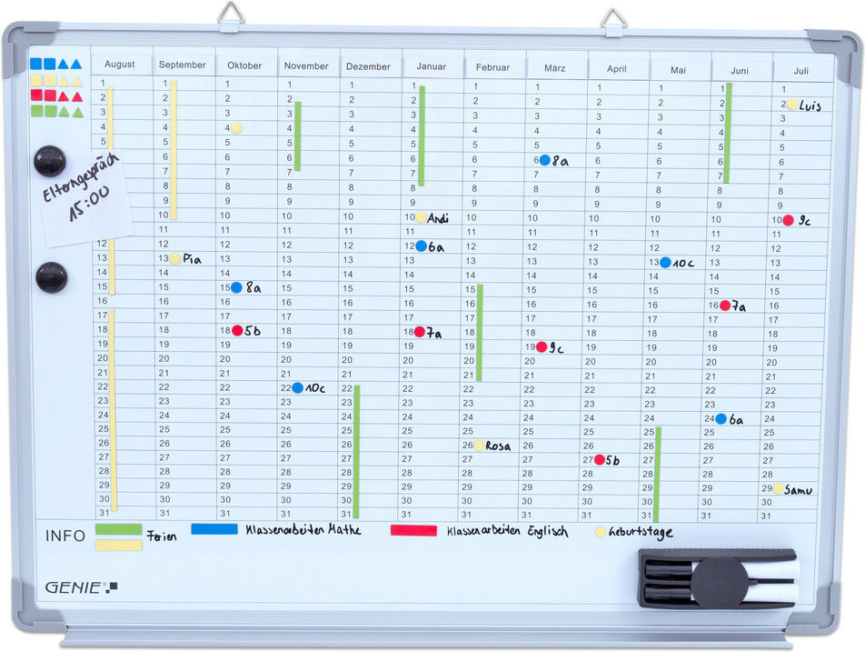 GENIE Jahresplaner, mit Magnetsymbolen und Marker