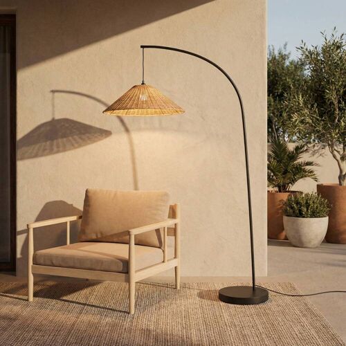 Lucande Außenstehlampe Taniola, konisch, Rattan, 195cm, IP44 Taniola, Holz dunkel, Holz, Landhaus / Rustikal