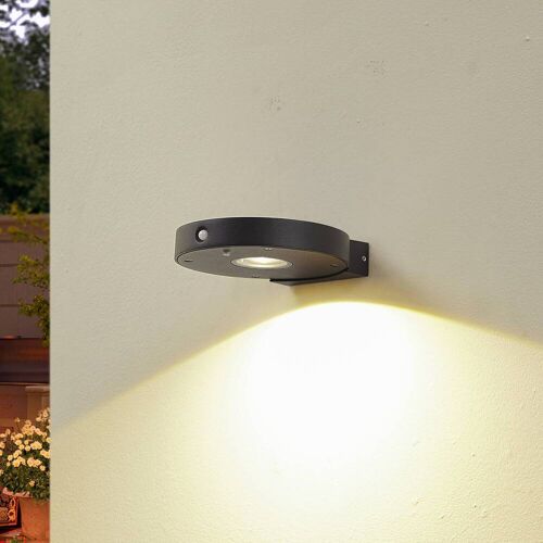 Lucande LED-Solar-Wandlampe Tavon, rund, schwarz, Sensor Tavon Lucande, dimmbar, schwarz, Aluminium, Modern, Solarleuchte außen