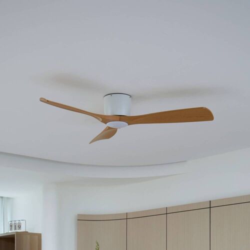 Lucande Smart LED-Deckenventilator Moneno, weiß/holz, Tuya Moneno Lucande, dimmbar, Holz hell, für Wohn- / Esszimmer, Metall, Modern