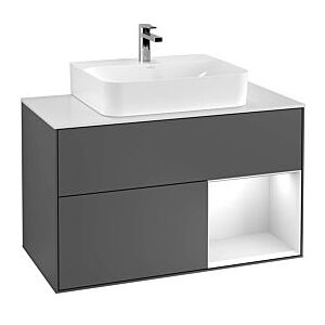 Villeroy und Boch Finion Waschtischunterschrank F122HBGK 100cm, Abdeckplatte black matt, Regal rechts Peony, Anthracite matt