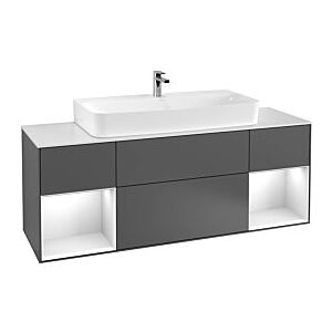 Villeroy und Boch Finion Waschtischunterschrank F212PHGJ 160cm, Abdeckplatte black matt, Regale Glossy black lacquer, Light grey matt