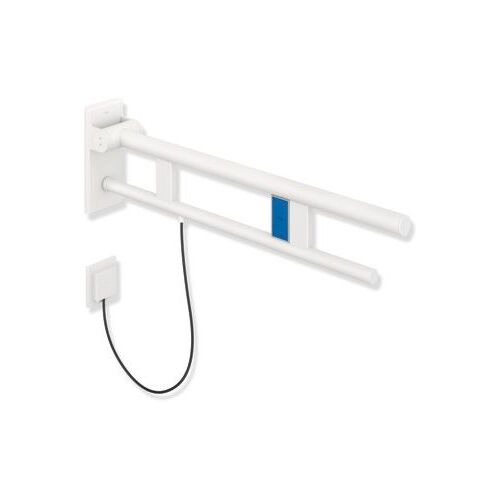 Hewi System 900 Stützklappgriff 900.50.14360DX Ausladung 750 mm, Edelstahl pulverbeschichtet weiß tiefmatt, links, E-Spülausführung