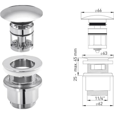 ASW Design-Exzentergarnitur 105609 1 1/4" x Ø 63 mm, mit Fangkorb, Ø 66 mm, verschließbar ASW Design-Exzentergarnitur 105609 1 1/4" x Ø 63 mm, mit Fangkorb, Ø 66 mm, verschließbar