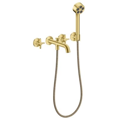 Hansgrohe AXOR One 3-Loch Wannenarmatur 48443950 Unterputz, Ausladung 220mm, mit Handbrause, mit Kreuzgriff, brushed brass Hansgrohe AXOR One 3-Loch Wannenarmatur 48443950 Unterputz, Ausladung 220mm, mit Handbrause, mit Kreuzgriff, brushed brass