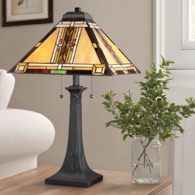 Elstead Lighting Navajo Tischleuchte 2 flammig im Tiffany-Stil Bronze mit Kunstglasschirm E27 Elstead Lighting Navajo Tischleuchte 2 flammig im Tiffany-Stil Bronze mit Kunstglasschirm E27