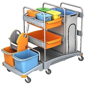 Cleankeeper Systemwagen I - 2, 2 Wannen (60x40,5x14), 120 l Abfallbehälter, 2 x 20 l , 4 x 6 l Eimer - blau / orange, 1 Mopppresse