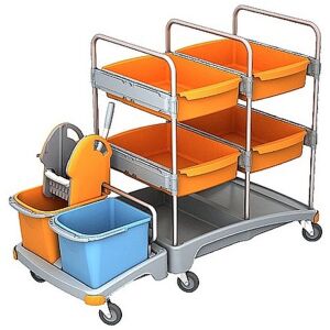 Cleankeeper Systemwagen I - 8, 4 Wannen (60 x 40,5 x 14 cm), 2 x 20 l Eimer - blau / orange, 1 Mopppresse