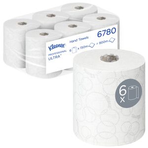 Kimberly Clark Professional Kleenex® Ultra™ Rollenhandtücher, 2-lagig, Weiße Einweg-Handtuchpapierrollen mit Prägung, 1 Karton = 6 Rollen à 150 m = 900 Meter