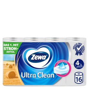 Essity Germany GmbH Zewa Ultra Clean Toilettenpapier, 4-lagig mit Strohanteil, Extra saugfähiges WC-Papier für die pflegende Reinigung, 1 Packung = 16 Rollen à 135 Blatt