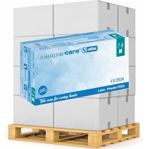 HARPS Europe GmbH Sempercare® Einmalhandschuhe Edition Latex LOF, puderfrei, Finger texturiert, Farbe: naturweiß, 1 Palette = 630 Packungen à 100 Stück, Größe M (7-8)