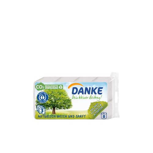 Essity Germany GmbH Danke Toilettenpapier aus 100 % Recyclingpapier, 3-lagig, naturweiß, 1 Packung = 8 Rollen à 150 Blatt