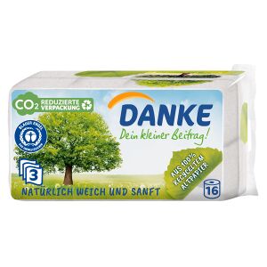 Essity Germany GmbH Danke Toilettenpapier aus 100 % Recyclingpapier, 3-lagig, naturweiß, 1 Packung = 16 Rollen à 150 Blatt