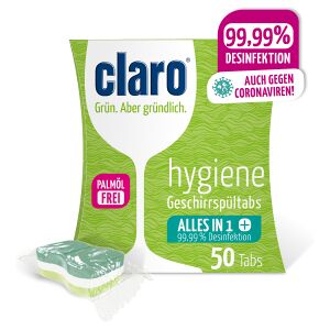 claro products GmbH claro Hygiene Tabs Spülmaschinentabs, Geschirrspültab - entfernt 99,99% aller Pilze, Viren und Bakterien, 1 Packung = 50 Stück = á 20 g